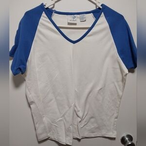 Blue and White V-Neck Raglan Top